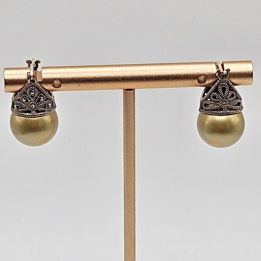 Sterling Silver Marcasite Earrings Green Imitation Pearl Dangle Drop